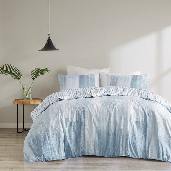 Olliix.com Duvet & Duvet Sets - 3 Piece Oversized Reversible Seersucker Duvet Cover Mini Set Blue Full/Queen