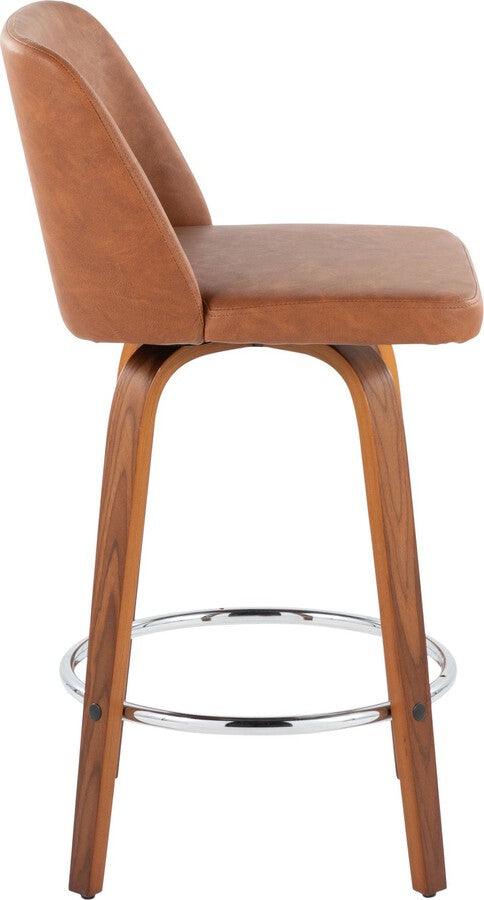Lumisource Barstools - Toriano 26" Fixed Height Counter Stool With Swivel In Walnut Wood Camel Faux Leather Set 2