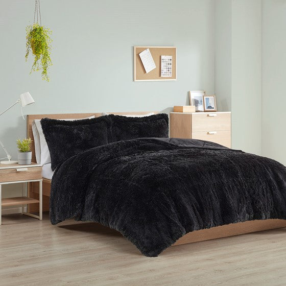 Olliix.com Comforters & Blankets - Shaggy Long Fur Comforter Mini Set Black Full/Queen