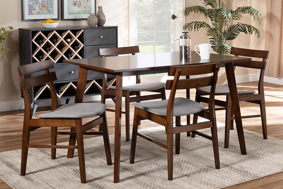 Wholesale Interiors Dining Sets - Eleri Light Grey Fabric Upholstered and Walnut Brown Finished Wood 5-Piece Dining Set