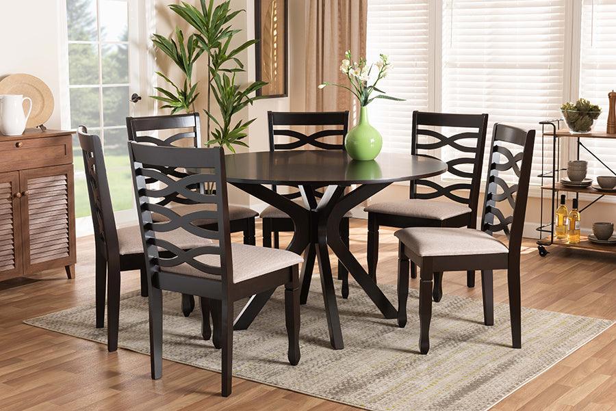 Wholesale Interiors Dining Sets - Mila Sand Fabric Upholstered Dark Brown Finished Wood 7-Piece Dining Set