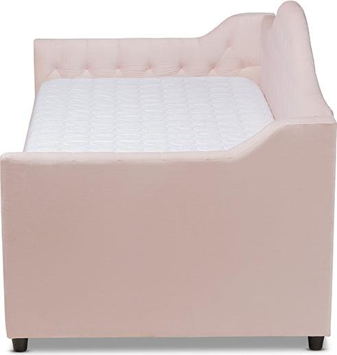 Wholesale Interiors Daybeds - Perry Light Pink Velvet Fabric Upholstered And Button Tufted Twin Size Daybed With Trundle