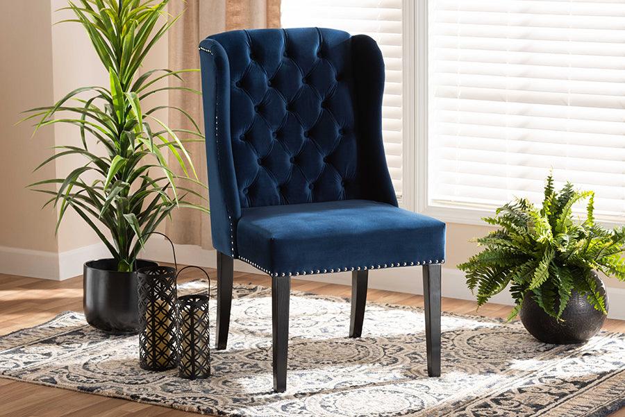 Wholesale Interiors Dining Chairs - Lamont Navy Blue Velvet Fabric Upholstered and Dark Brown Finished Wood Wingback Dining Chair