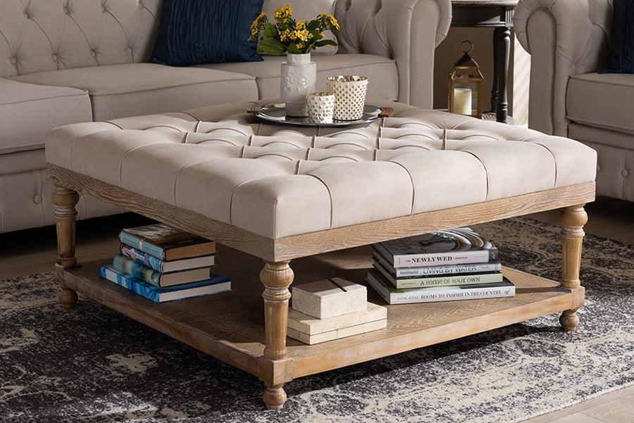 Wholesale Interiors Ottomans & Stools - Kelly Modern and Rustic Beige Linen Fabric and Greywashed Wood Cocktail Ottoman