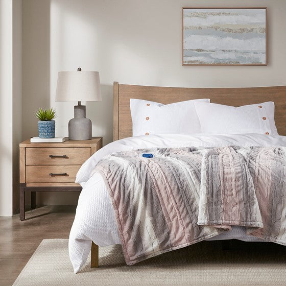 Olliix.com Heated Blankets - Oversized Faux Fur Heated Throw Blush/Grey