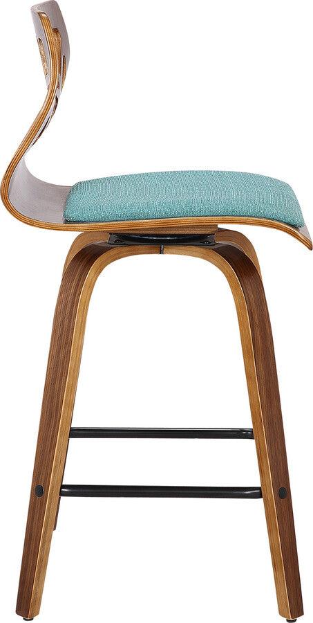 Lumisource Barstools - Folia Mid-Century Modern Counter Stool in Walnut Wood and Teal Fabric - Set of 2