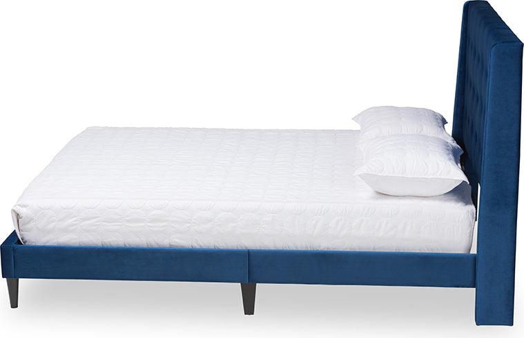 Wholesale Interiors Beds - Gothard Navy Blue Velvet Fabric Upholstered and Dark Brown Finished Wood King Size Platform Bed