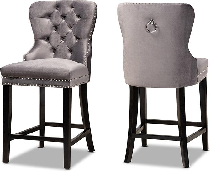 Wholesale Interiors Barstools - Howell Modern Grey Velvet Upholstered and Dark Brown Finished Wood 2-Piece Counter Stool Set