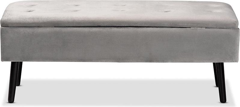 Wholesale Interiors Benches - Caine Modern and Contemporary Grey Velvet and Dark Brown Wood Storage Bench