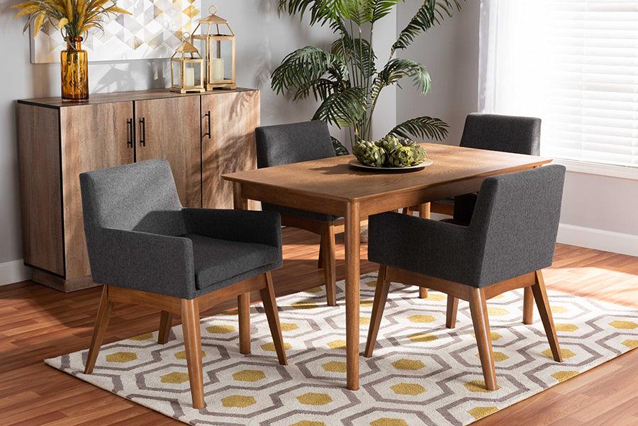 Wholesale Interiors Dining Sets - Dorina Mid-Century Modern Dark Grey Fabric and Walnut Brown Wood 5-Piece Dining Set