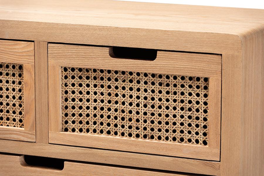 Wholesale Interiors Buffets & Cabinets - Alina Mid-Century Modern Medium Oak Finished Wood and Rattan 4-Drawer Accent Storage Cabinet