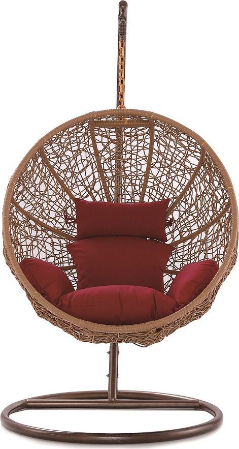 Manhattan Comfort Outdoor Chairs - Zolo Metal and Rattan Hanging Lounge Egg Patio Swing with Red Cushion