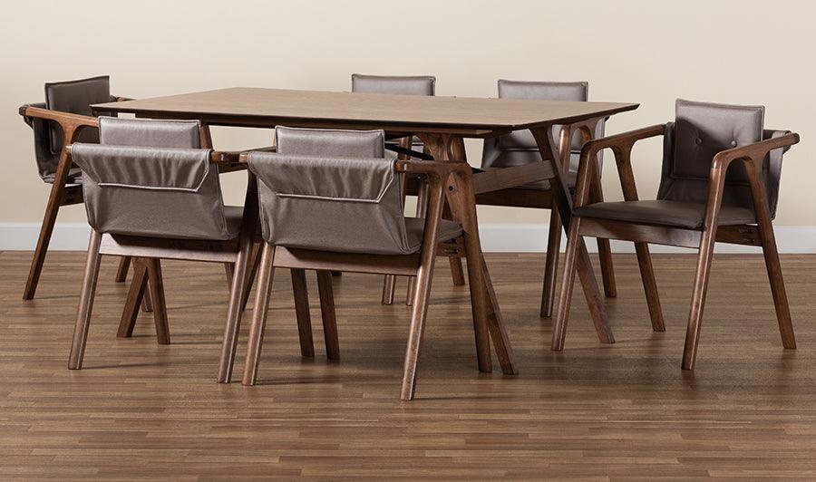 Wholesale Interiors Dining Sets - Marcena Mid-Century Modern Grey Leather and Brown Finished Wood 7-Piece Dining Set