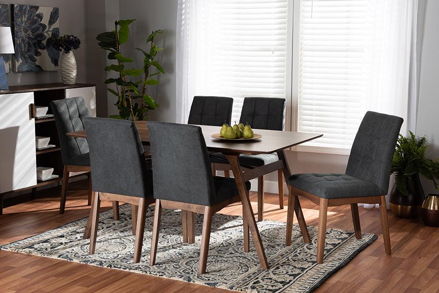 Wholesale Interiors Dining Sets - Tara Mid-Century Modern Dark Grey Fabric and Brown Wood 7-Piece Dining Set