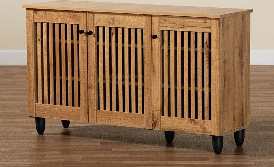 Wholesale Interiors Shoe Storage - Fernanda Modern and Contemporary Oak Brown Finished Wood 3-Door Shoe Cabinet