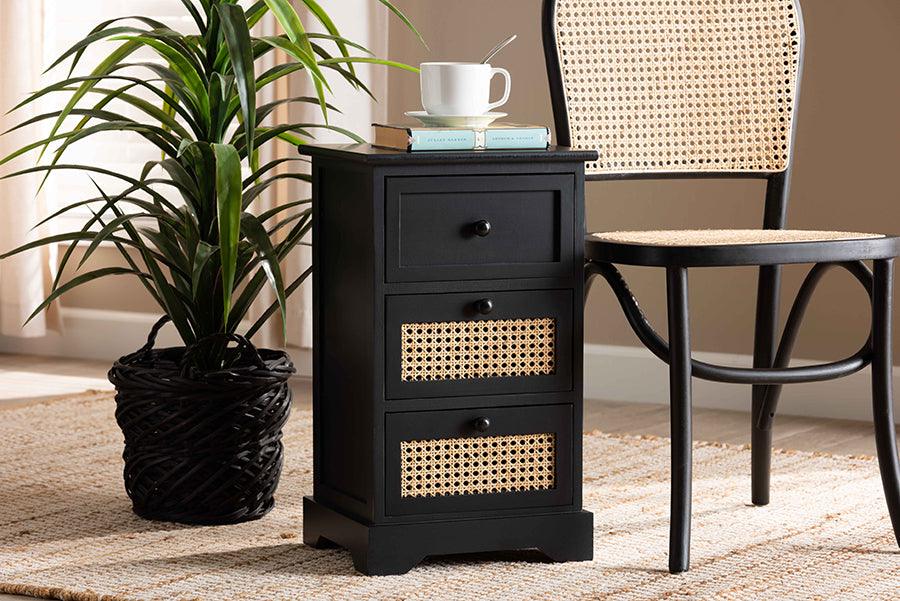 Wholesale Interiors Cabinets & Wardrobes - Dacey Mid-Century Modern Espresso Brown Wood and Rattan 3-Drawer Storage Cabinet