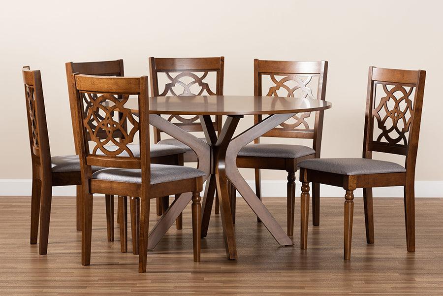 Wholesale Interiors Dining Sets - Sadie Grey Fabric Upholstered and Walnut Brown Finished Wood 7-Piece Dining Set