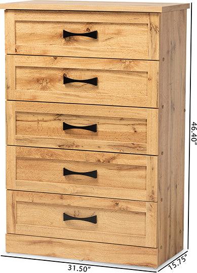 Wholesale Interiors Chest of Drawers - Colburn Oak Brown Finished Wood 5-Drawer Tallboy Storage Chest