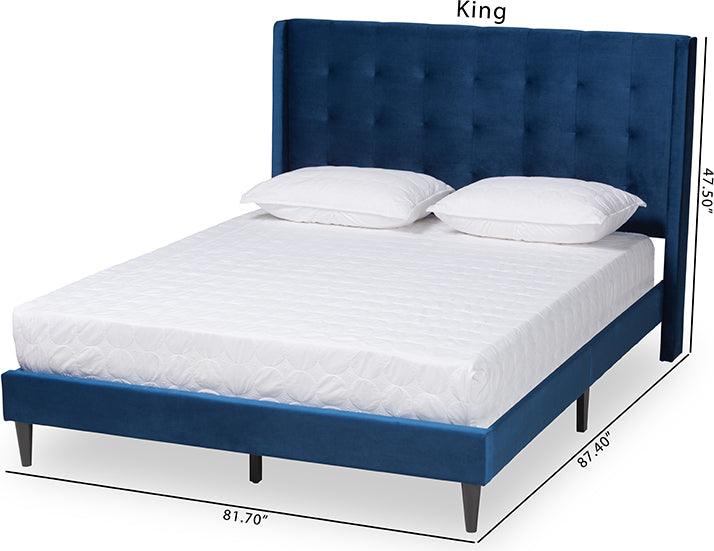 Wholesale Interiors Beds - Gothard Navy Blue Velvet Fabric Upholstered and Dark Brown Finished Wood Queen Size Platform Bed