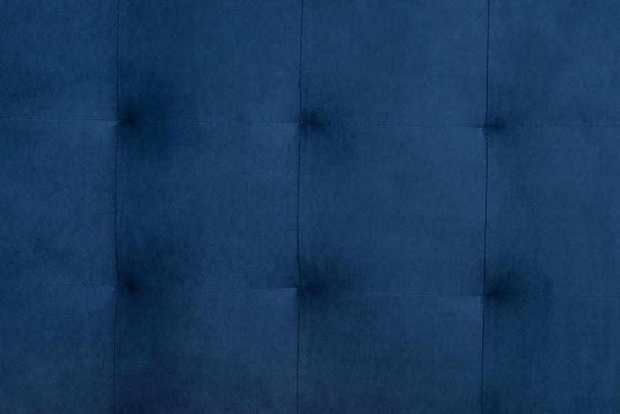 Wholesale Interiors Beds - Gothard Navy Blue Velvet Fabric Upholstered and Dark Brown Finished Wood Queen Size Platform Bed