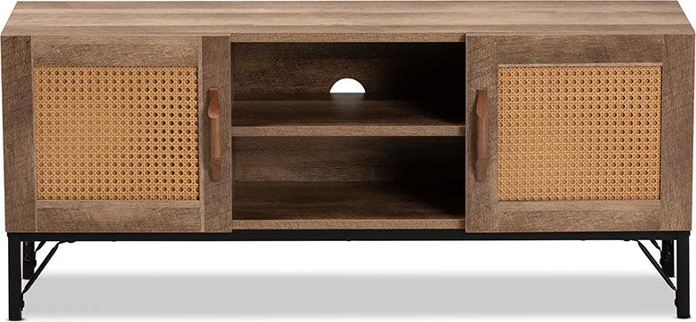 Wholesale Interiors TV & Media Units - Veanna Bohemian Brown Wood and Black Metal 2-Door TV Stand with Synthetic Rattan