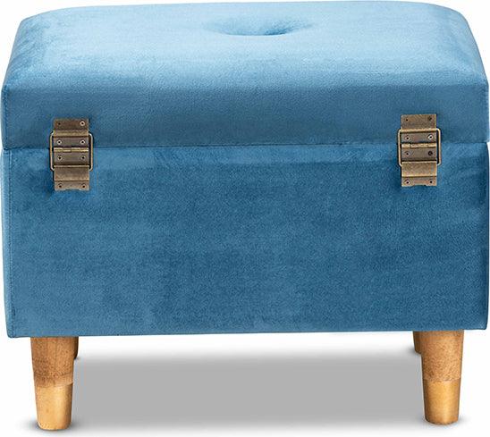 Wholesale Interiors Ottomans & Stools - Elias Sky Blue Velvet Fabric Upholstered and Oak Brown Finished Wood Storage Ottoman