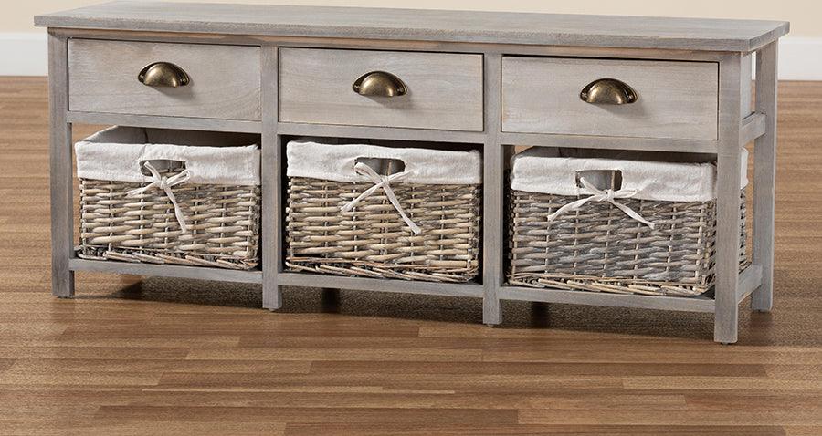 Wholesale Interiors Benches - Mabyn Contemporary Light Grey Wood 3-Drawer Storage Bench with Baskets