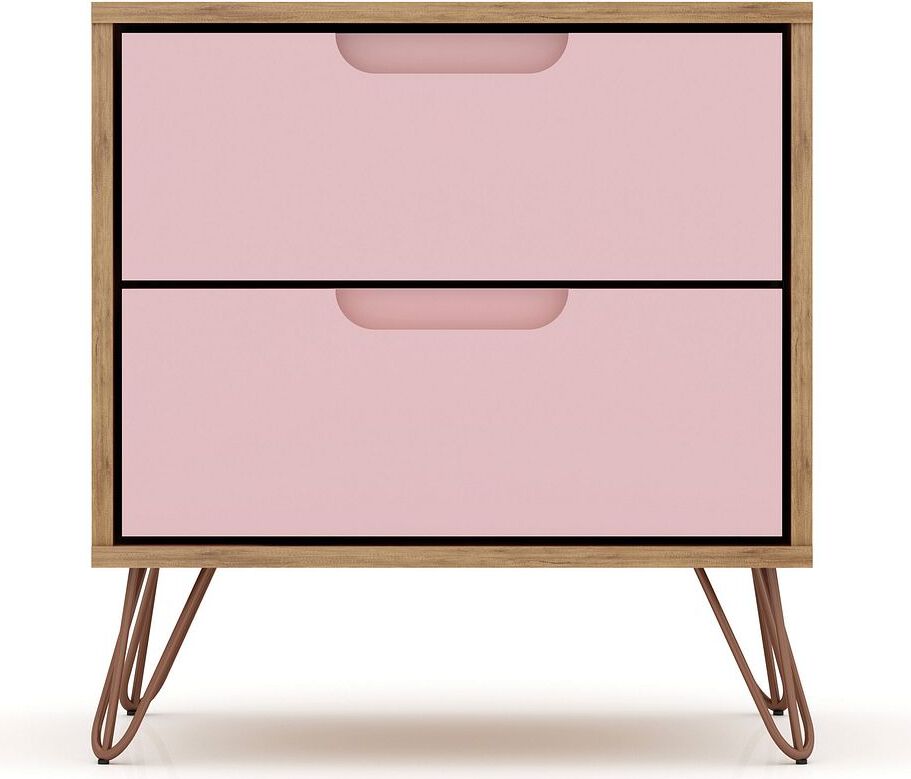 Manhattan Comfort Nightstands & Side Tables - Rockefeller 2.0 Mid-Century- Modern Nightstand with 2-Drawer in Nature and Rose Pink