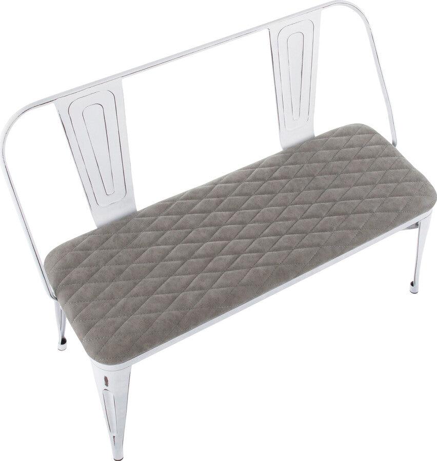 Lumisource Benches - Oregon Industrial Upholstered Bench in Vintage White Metal and Grey Cowboy Fabric