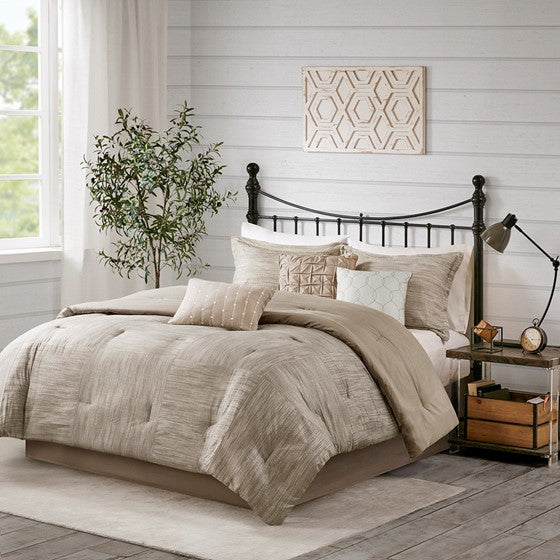 Olliix.com Comforters & Blankets - 7 Piece Printed Seersucker Comforter Set Taupe Queen