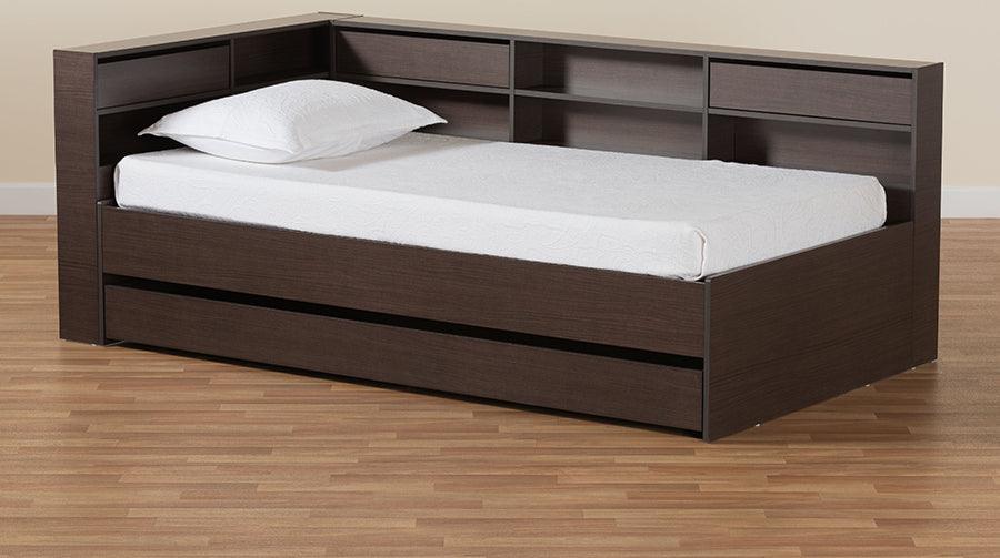 Wholesale Interiors Beds - Faraday Dark Brown Finished Wood Twin Size Platform Storage Corner Bed