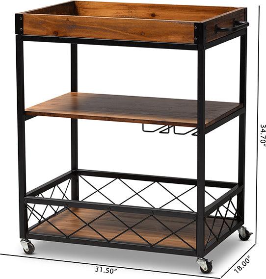 Wholesale Interiors Bar Units & Wine Cabinets - Capri Vintage Rustic Industrial Oak Brown and Black Finished Mobile Metal Bar Cart