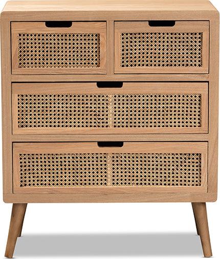 Wholesale Interiors Buffets & Cabinets - Alina Mid-Century Modern Medium Oak Finished Wood and Rattan 4-Drawer Accent Storage Cabinet