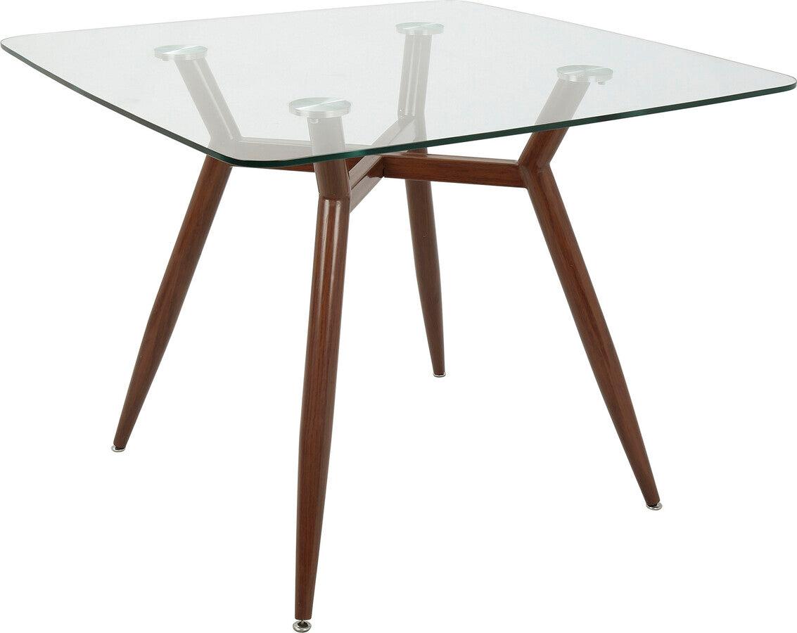 Lumisource Dining Tables - Clara Mid-Century Modern Square Dining Table with Walnut Metal Legs and Clear Glass Top