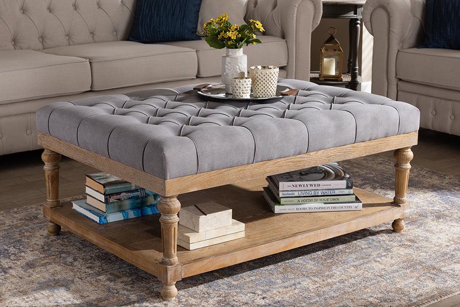 Wholesale Interiors Ottomans & Stools - Lindsey Modern and Rustic Grey Linen Fabric and Greywashed Wood Cocktail Ottoman