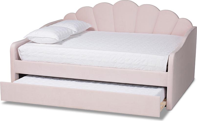 Wholesale Interiors Daybeds - Timila Light Pink Velvet Fabric Upholstered Queen Size Daybed with Trundle