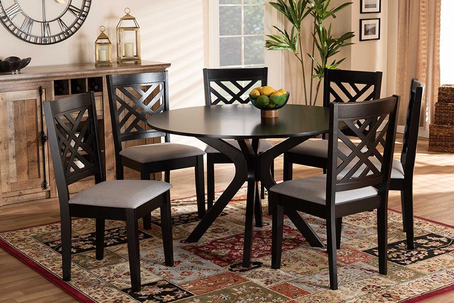 Wholesale Interiors Dining Sets - Norah Grey Fabric Upholstered and Dark Brown Finished Wood 7-Piece Dining Set