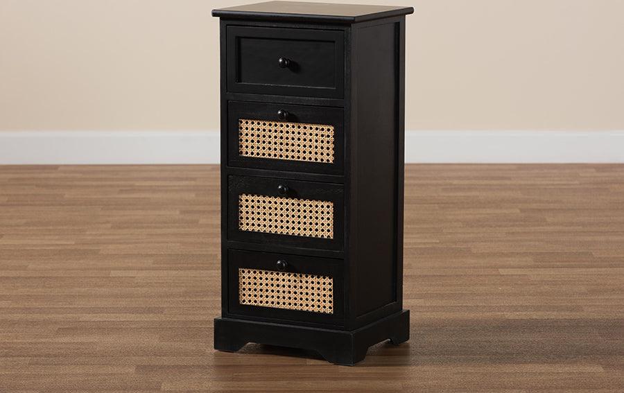Wholesale Interiors Cabinets & Wardrobes - Dacey Mid-Century Modern Espresso Brown Wood and Rattan 4-Drawer Storage Cabinet