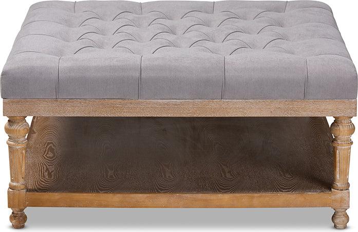 Wholesale Interiors Ottomans & Stools - Kelly Modern and Rustic Grey Linen Fabric and Greywashed Wood Cocktail Ottoman
