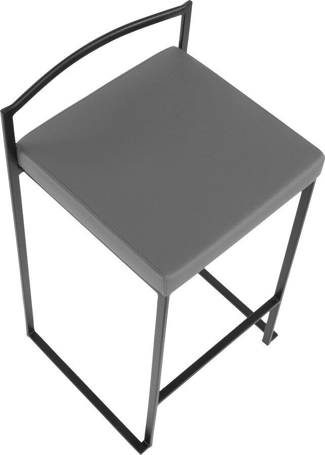 Lumisource Barstools - Fuji Contemporary Stackable Counter Stool in Black with Grey Faux Leather Cushion - Set of 2