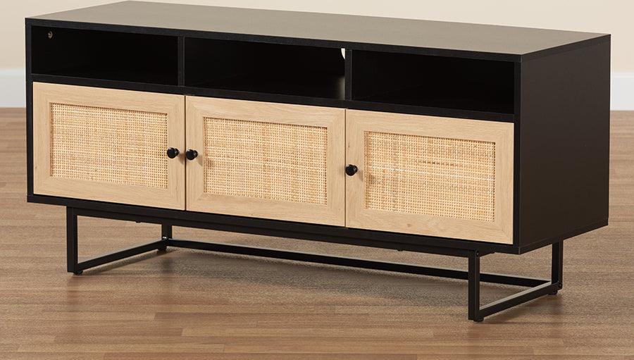 Wholesale Interiors TV & Media Units - Declan Mid-Century Modern Espresso Brown Finished Wood and Natural Rattan 3-Door TV Stand