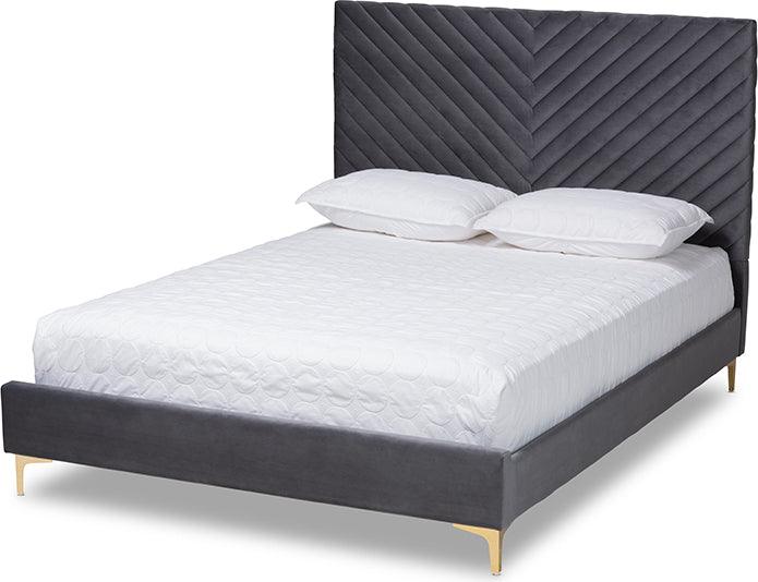 Wholesale Interiors Beds - Fabrico Glam and Luxe Grey Velvet Fabric Upholstered and Gold Metal Queen Size Platform Bed