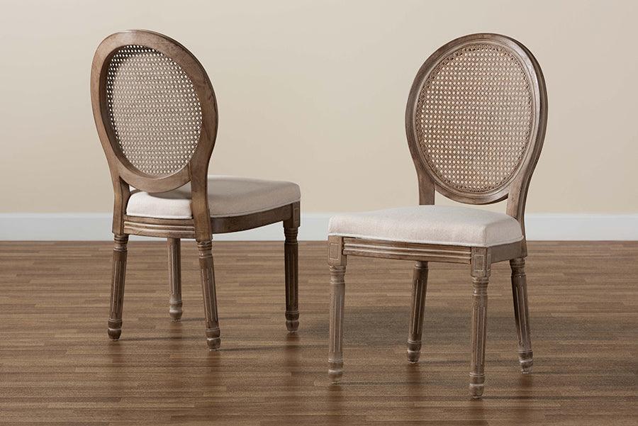 Wholesale Interiors Dining Chairs - Louis Beige Fabric and Antique Brown Finished Wood 2-Piece Dining Chair Set with Rattan