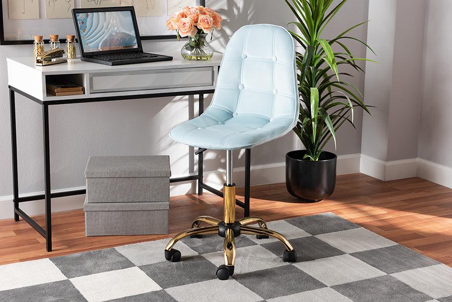 Wholesale Interiors Task Chairs - Kabira Contemporary Glam and Luxe Aqua Velvet Fabric and Gold Metal Swivel Office chair