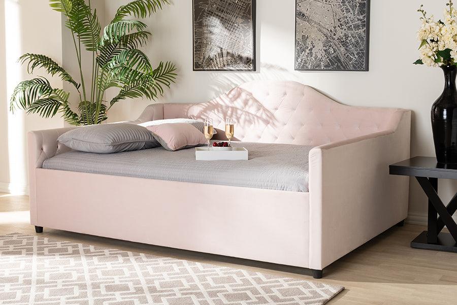 Wholesale Interiors Daybeds - Perry Modern and Contemporary Light Pink Velvet and Button Tufted Queen Size Daybed