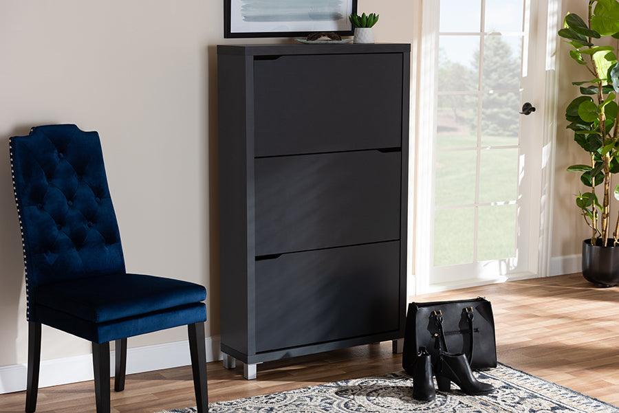 Wholesale Interiors Shoe Storage - Simms Contemporary Dark Grey Wood Shoe Storage Cabinet with 6 Fold-Out Racks