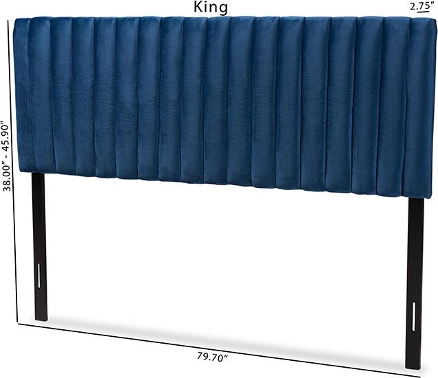 Wholesale Interiors Headboards - Emile Navy Blue Velvet Fabric Upholstered and Dark Brown Finished Wood Full Size Headboard