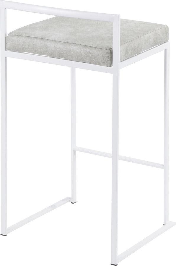 Lumisource Barstools - Fuji Stackable Counter Stool in White with Light Grey Cowboy Fabric Cushion - Set of 2