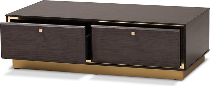 Wholesale Interiors Coffee Tables - Cormac Mid-Century Modern Dark Brown Wood and Gold Metal 2-Drawer Coffee Table