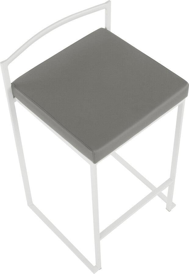 Lumisource Barstools - Fuji Contemporary Stackable Counter Stool in White with Grey Faux Leather Cushion - Set of 2